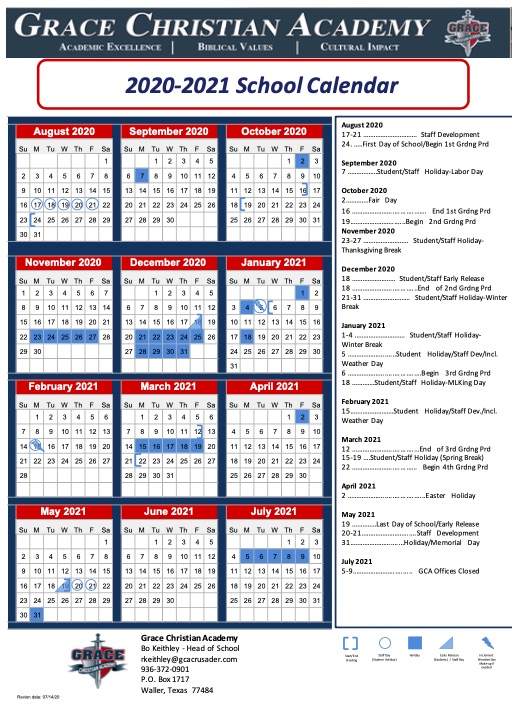 School Calendar Grace Christian Academy (Formerly Waller Christian
